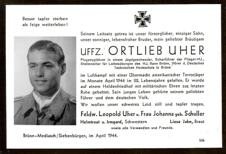 (10) Death notice Uher, Uffz. Ortlieb 08.04.1944